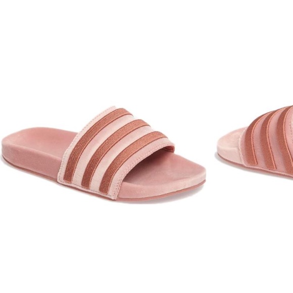 pink velvet adidas slides